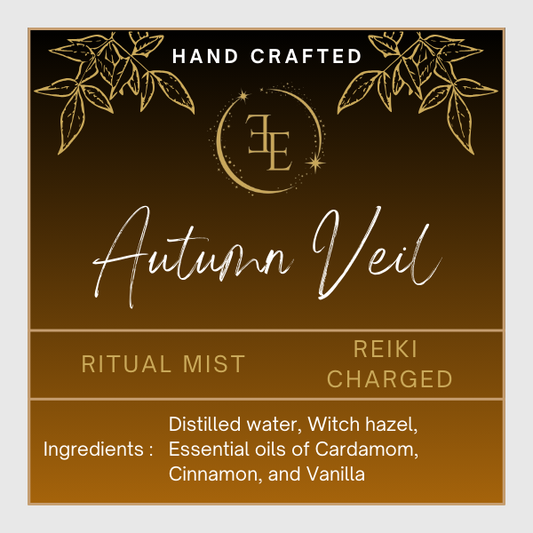 Label for 'Autumn Veil' ritual mist with handcrafted and Reiki charged text on a brown background.