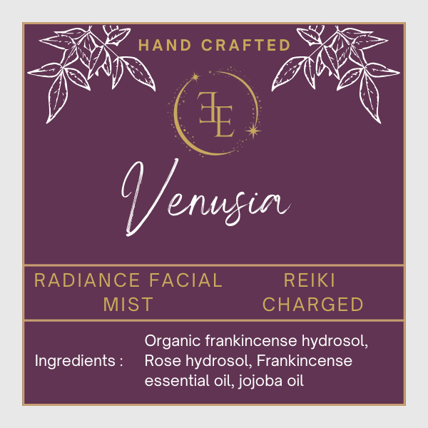 Venusia handcrafted radiance facial mist label with branding and product details on a purple background.