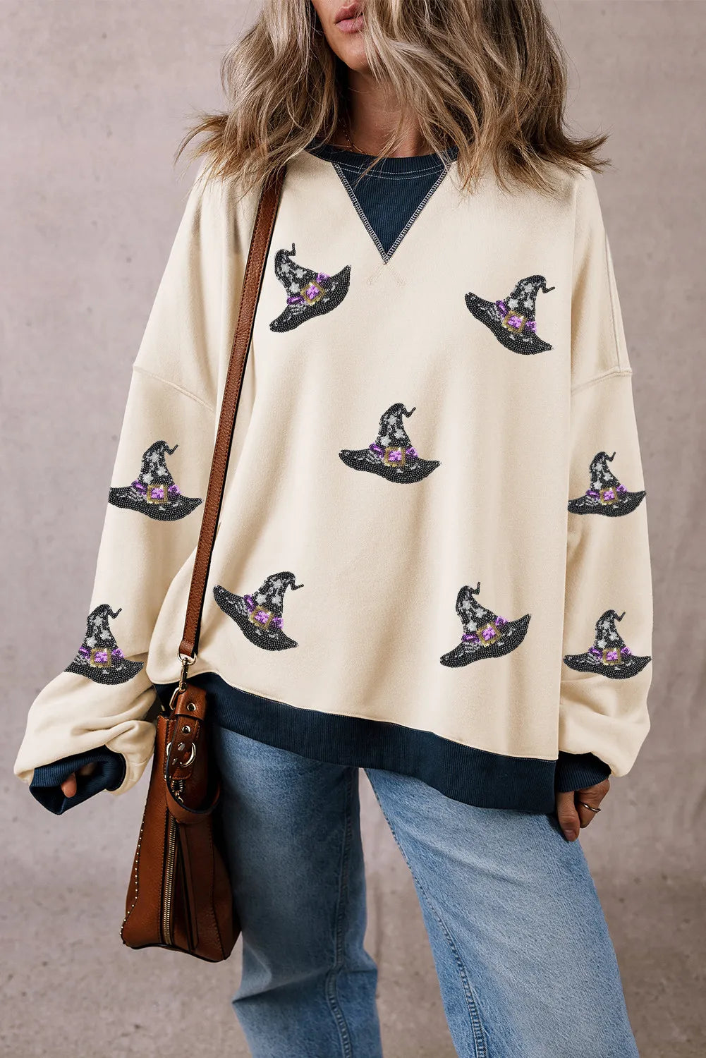 Sequin Witch Hat Print Long Sleeve Sweatshirt