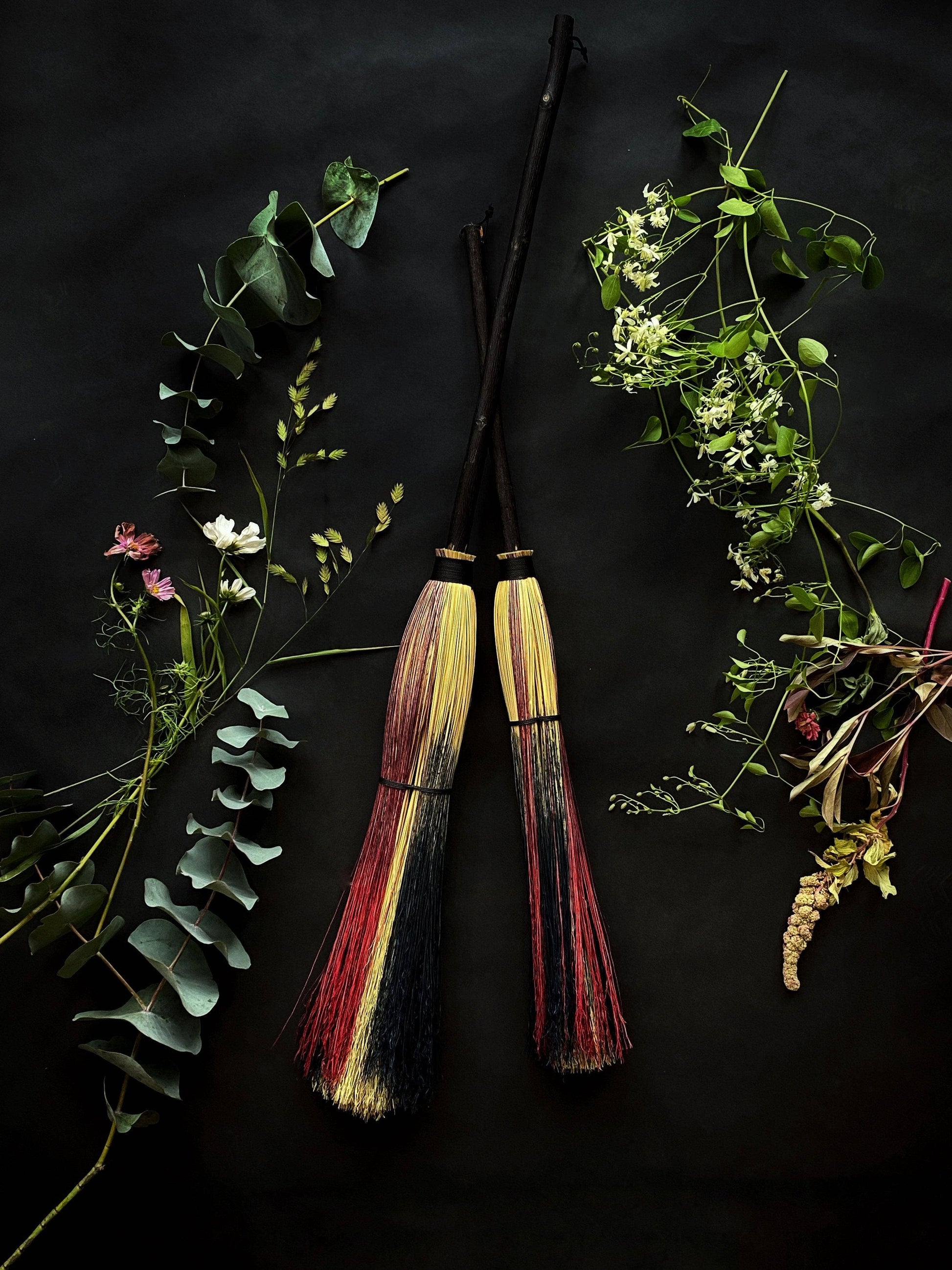 Two broomsticks with multicolored handles surrounded by greenery on a dark background