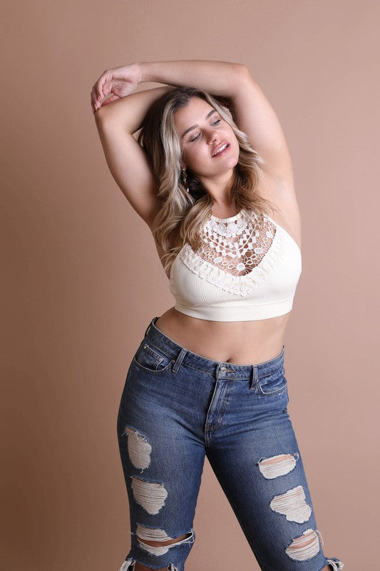 Plus Size Crochet Lace High Neck Bralette