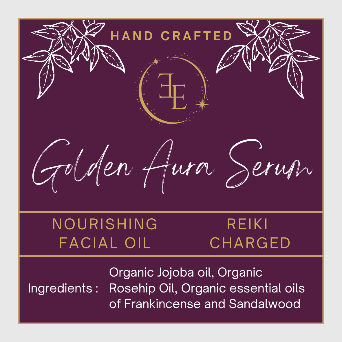 Product label for 'Golden Aura Serum' with branding and ingredient information on a purple background.