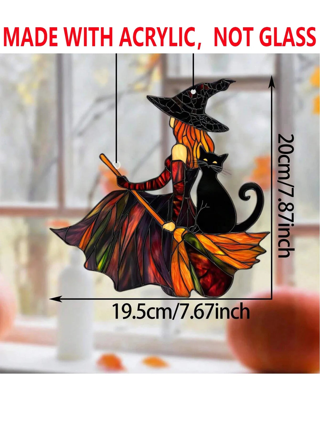 Halloween-themed acrylic decoration with witch and black cat on a broom, size indicated.