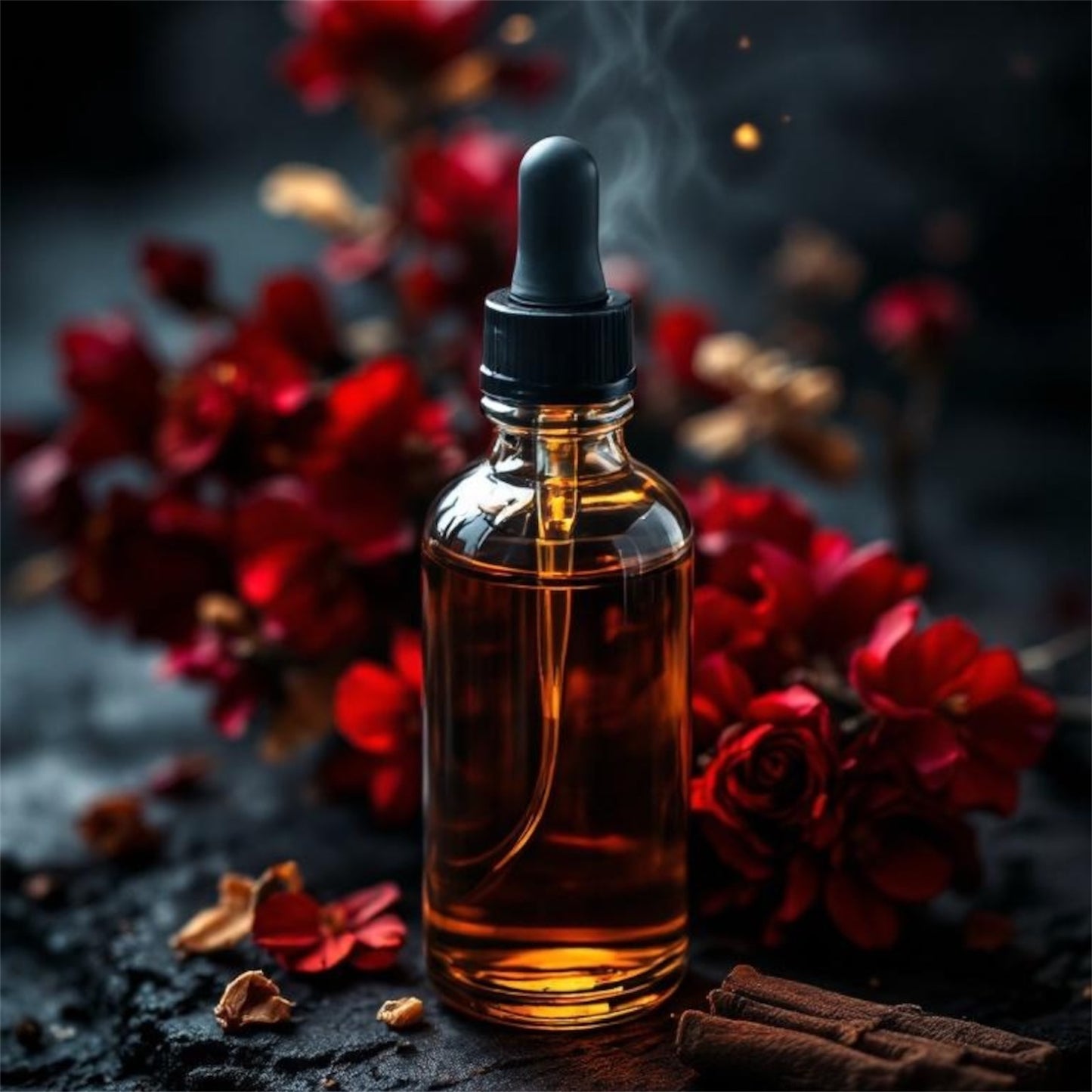 Bottle of amber liquid with a dropper surrounded by red flowers on a dark background