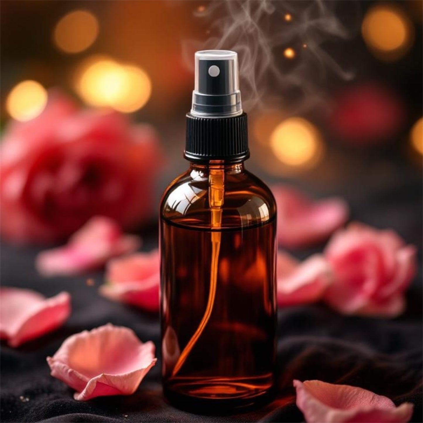 Brown glass spray bottle with black nozzle on a dark surface with pink flower petals and blurred lights in the background