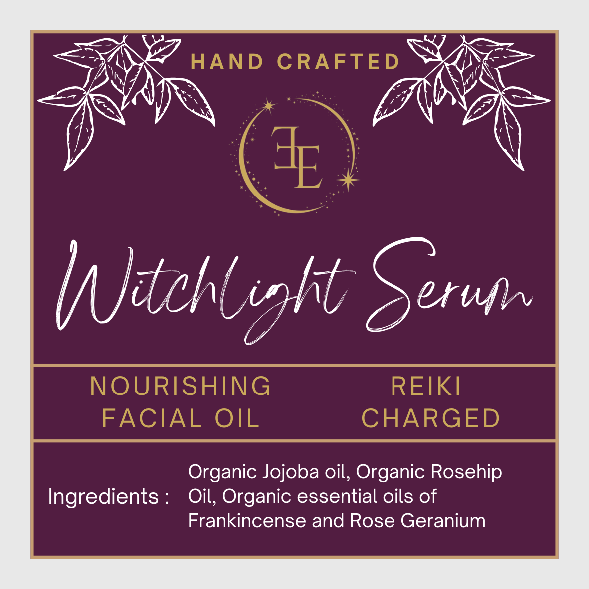 Witchlight Serum label with branding elements on a purple background