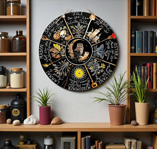 Decorative wall hanging with nature-themed design hanging above a shelf with plants and books.