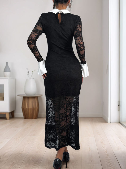 Lace Contrast Collared Neck Long Sleeve Midi Dress