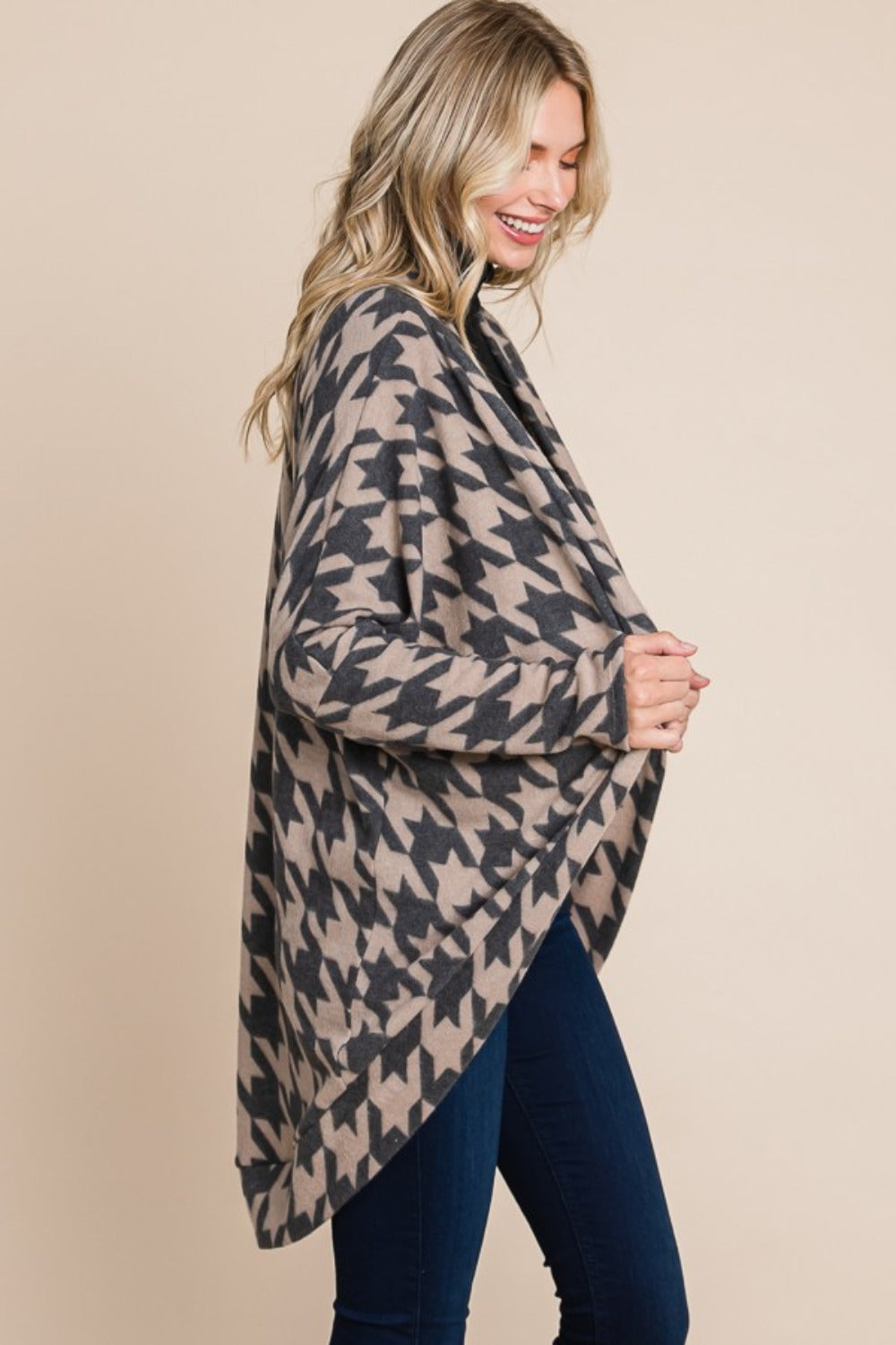 Houndstooth Open Front Cocoon Knit Cardigan