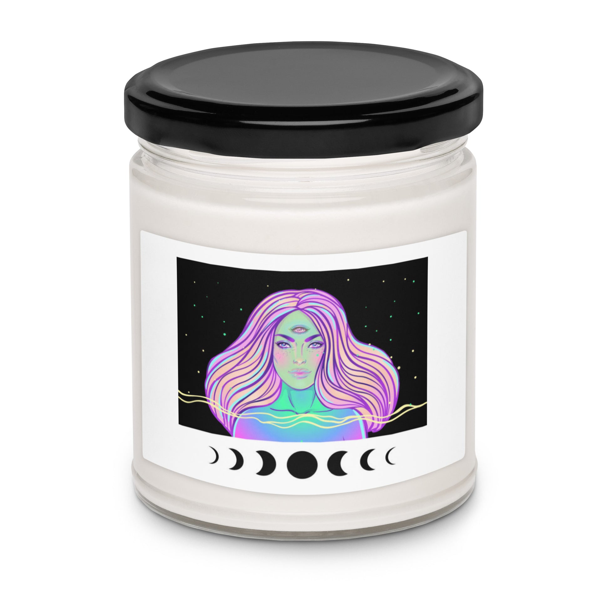 Candle jar with a label featuring a colorful depiction of a woman with a black lid on a white background