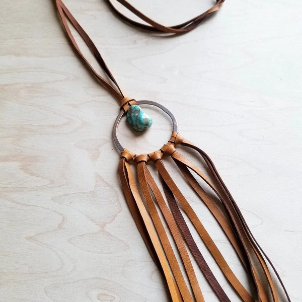 Tan Leather Dream Catcher with Turquoise Chunk - Executive Gypsy