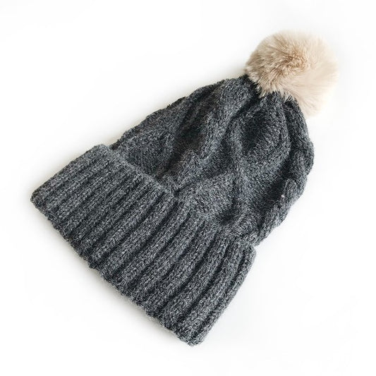 Cable knit Pom Beanie Hat Vegan Faux Fur - Executive Gypsy