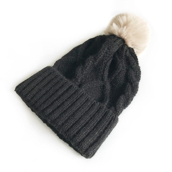 Cable knit Pom Beanie Hat Vegan Faux Fur - Executive Gypsy